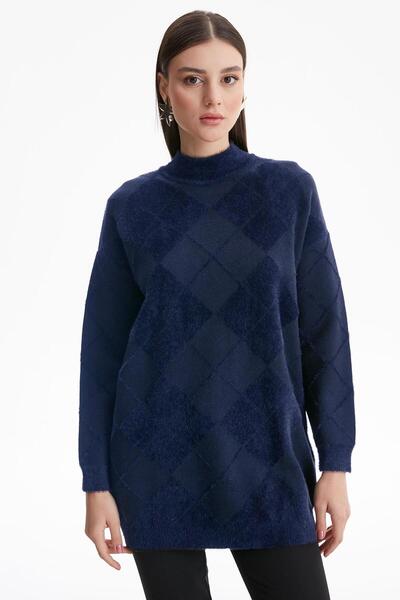 Tığ Triko BAKLAVA DESENLİ MİNK TUNİK LACİVERT