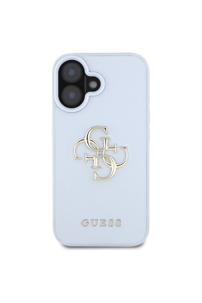 Guess Θήκη για iPhone 16, Σκληρή θήκη με κόκκους, μεγάλο λογότυπο 4G, μικρό κλασικό λογότυπο, λεπτή προστασία, μπλε