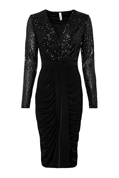 Şans Women's Plus Size Black, Wrap Neck, Sequin Embroidered Evening Dress 65N39158
