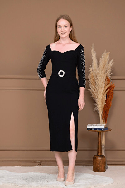 BEYBOS Rochie creion cu mâneci din țesătură Atlas cu detalii în piatră - NEGRU