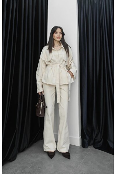 BRTC design Women's Denim Cream Pocket Detailed Jacket Pants Set