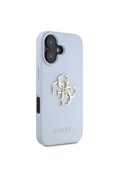 Guess Θήκη για iPhone 16, Σκληρή θήκη με κόκκους, μεγάλο λογότυπο 4G, μικρό κλασικό λογότυπο, λεπτή προστασία, μπλε