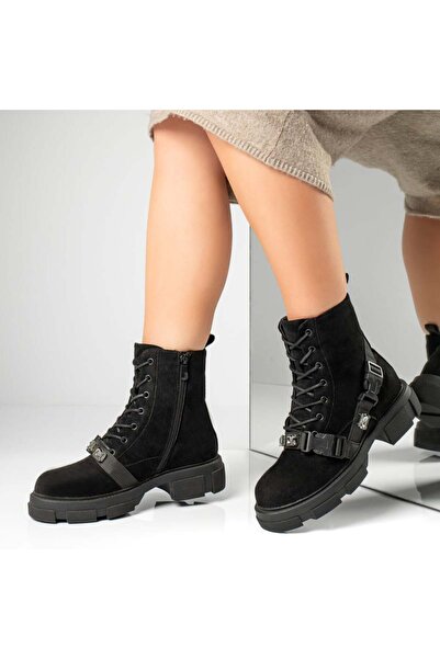 Modlet.ro Women's black suede boots with metallic details and zipper MOD12839