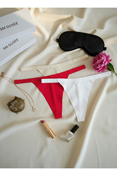 Hmd Üçlü Poliamid Kırmızı Beyaz Ekru String Kadın Tanga Rahat & Esnek