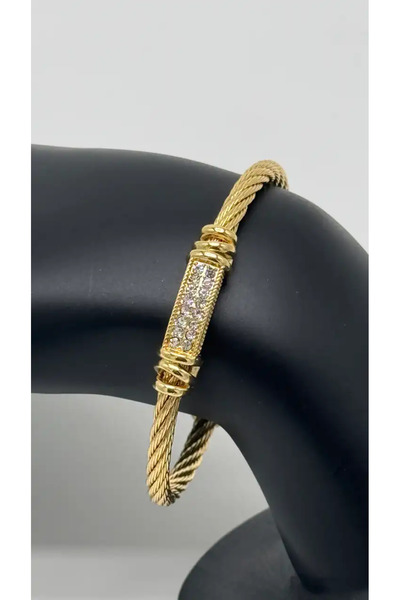 TAKIŞINA Özel Seri Çelik Burma Taş Detay Kelepçe Bilezik - Gold