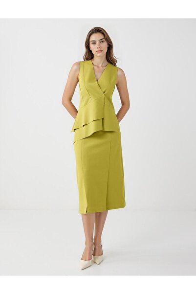 Jimmy Key Yağ Yeşili Düz Kesim Normal Bel Midi Örme Etek