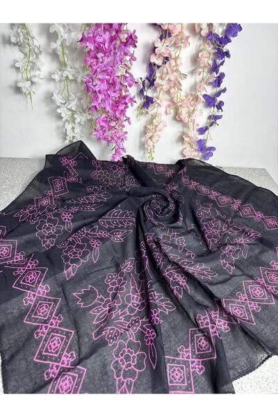 Sobe Hediyelik Black and Pink Floral Patterned Slapband 100X100 – Dowry and Daily Use Muslin Headscarf