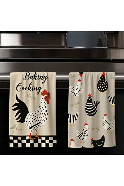 Else Dekor Gray Chicken Rooster Farm Patterned Set of 2 Decorative Washable Cotton Kitchen Oven Hand Towels