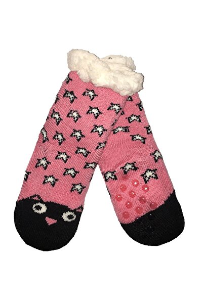 Bixtra Розови термо чорапи с неплъзгаща се материя "Коте от полар"