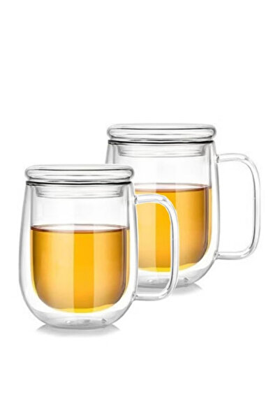 1Chase مجموعة من كوبين قهوة زجاجيين مزدوجي الجدار بمقبض وغطاء زجاجي، سعة 350 مل