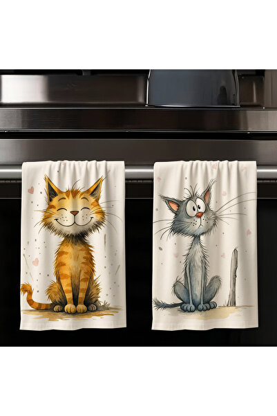 Else Dekor Sevimli Kediler Desenli 2 li Set Dekoratif Yıkanabilir Pamuklu Mutfak Fırın El Havlusu 35x50 cm