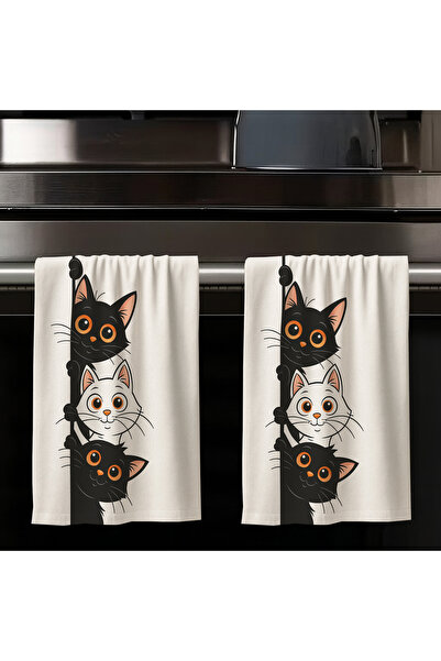 Else Dekor Set of 2 Decorative Washable Cotton Kitchen Oven Hand Towels with Sequential Cats Pattern