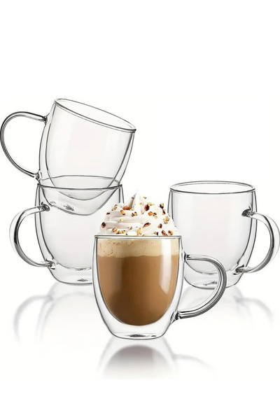 1Chase مجموعة من 4 أكواب قهوة وشاي بجدار مزدوج مع مقبض، 250 مل