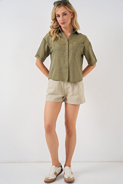 Hiccup BDART Лляна суміш з короткими рукавами та ґудзиками, укорочена сорочка