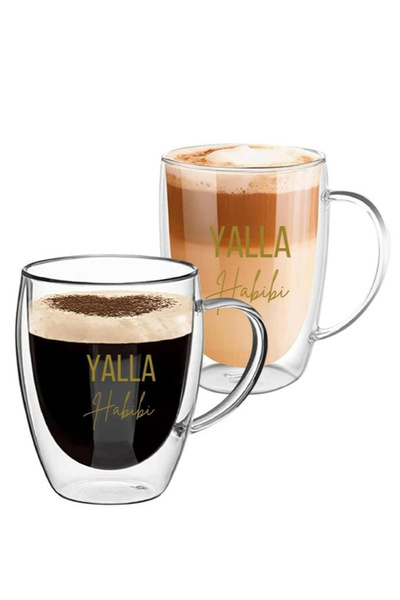 1Chase Set of 2 - Double Walled Yalla Habibi Printed Glass Mug With Handle