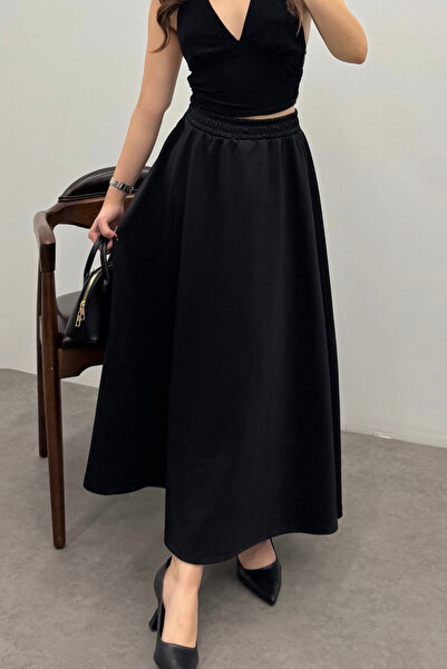 Bipantolon Women's Black Elastic Waist Scuba Flared Skirt