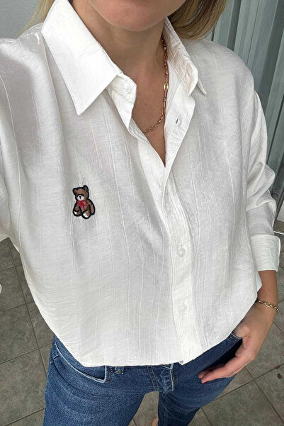 Kubos Moda Ayıcık Nakışlı Keten Dokulu Uzun Kol Ekru Kadın Gömlek