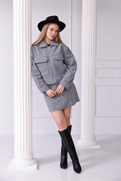 Pulli Collection Önden Fermuarlı Cepli Kaşe Takım - Etek Ceket Kombin