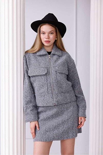 Pulli Collection Önden Fermuarlı Cepli Kaşe Takım - Etek Ceket Kombin