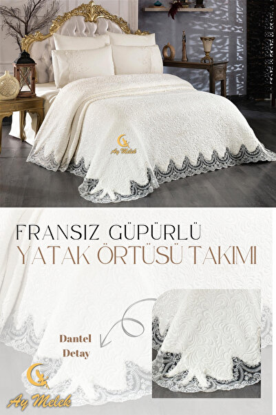 AYMELEK Çift Kişilik Çeyizlik İncili Fransız Güpürlü Battaniyeli Yatak Örtüsü Takımı