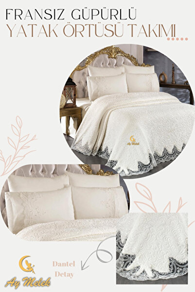 AYMELEK Double Dowry Bedspread Set with Pearls and French Guipure Blanket