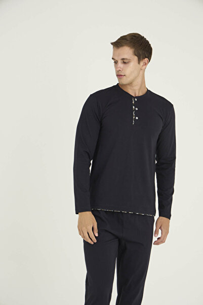 KLY طقم بيجامة رجالي من القطن 100% بياقة متوسطة الطول بتصميم أنيق - ملابس خارجية