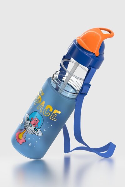 Renga Sonic Air Patterned 500 ml Matte Tritan Children's Water Bottle with Strap and Straw 912119 Blue
