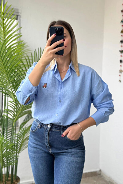 Kubos Moda Cămașă de damă albastră cu mânecă lungă din in brodat cu ursuleț