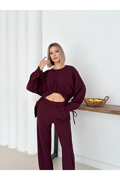 MODAMERSİ Women's Burgundy Thessaloniki Fabric Gusseted Bottom Top Set