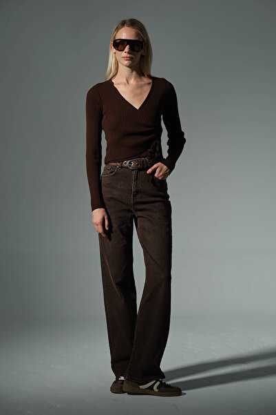 Domoda Διπλό στήθος με κορδόνια με βαθύ λαιμόκοψη με μακριά μανίκια Μπλούζα Πλεκτό Γυναικείο πουλόβερ @Siena