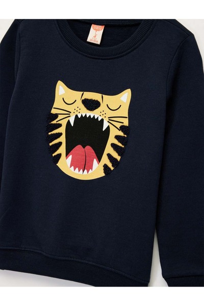 Koton Φούτερ με μακρυμάνικο βαμβακερό λαιμόκοψη με κέντημα τίγρης