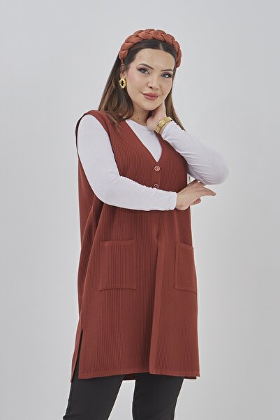 Elçelya Moda Жіночий трикотажний еластичний довгий сезонний жилет на ґудзиках