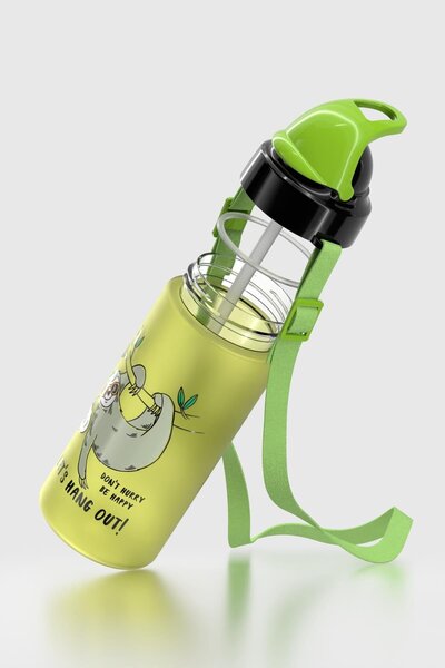 Renga Sonic Air Patterned 500 ml Matte Tritan Children's Water Bottle with Strap and Straw 912119 Green