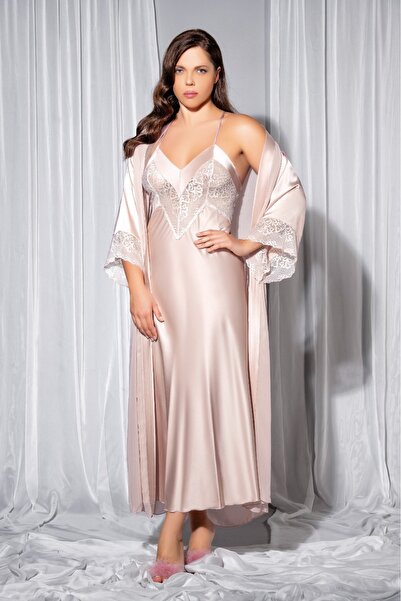 lidofya Beige Plus Size Lace Long Satin Nightgown Dressing Gown Set