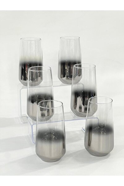 isra kristal Titanyum Kaplama Gümüş 6’lı Uzun Cam Su Bardak Seti - 6’lı Lüks Cam Bardak Takımı