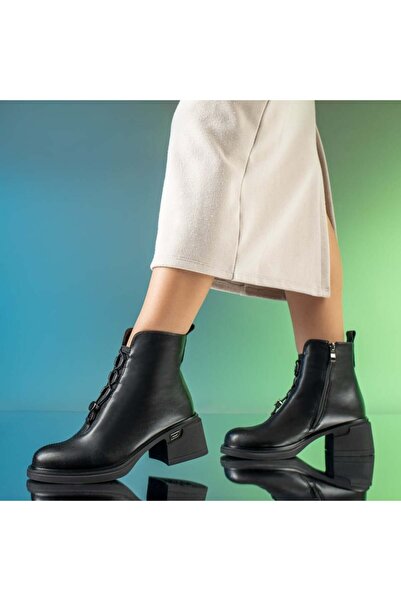 BMoD Ghete de damă din piele neagră, cu șireturi elastice și toc gros MOD14038