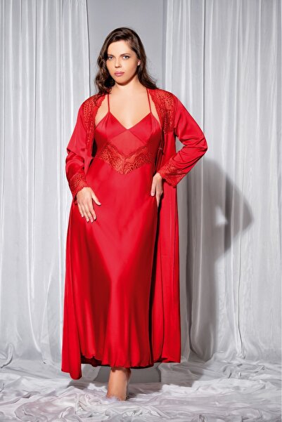 lidofya Red Plus Size Lace Long Satin Nightgown Dressing Gown Set
