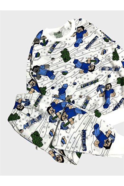 tusem butik homewear Set de pijamale sezoniere cu mâneci lungi, din bumbac, alb, albastru, cu model cub