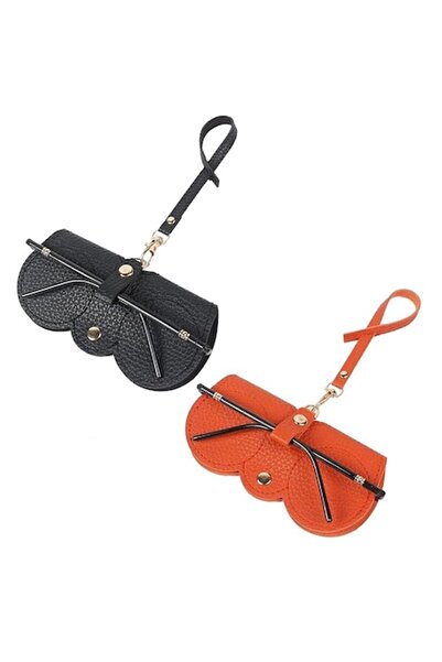OEM Set 2 bucati etui din piele pentru ochelari, design portabil, cu clip si bratara, negru/portocaliu