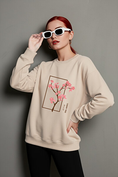 uyguntarz Φούτερ Unisex με στάμπα Cherry Tree Oversize με λαιμόκοψη