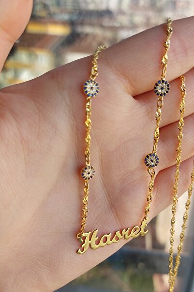 ÖZGÜR TAKI 925 Ayar Gümüş 24 Ayar Altın Kaplama 4 Nazar Boncuklu İsimli Kolye