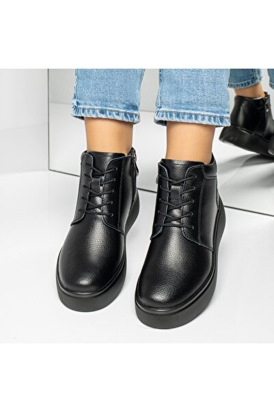 Modlet.ro Women's black leather platform lace-up ankle boots MOD12219