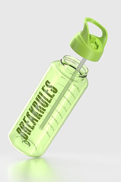 Renga Moly Text Patterned 1000 ml Tritan Water Bottle with Straw 912139 Green
