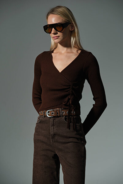 Domoda Διπλό στήθος με κορδόνια με βαθύ λαιμόκοψη με μακριά μανίκια Μπλούζα Πλεκτό Γυναικείο πουλόβερ @Siena