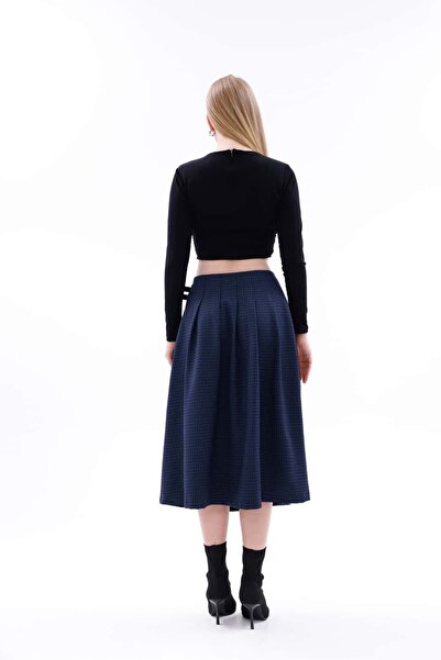 Pulli Collection Navy Blue Plaid Midi Skirt with Slit Detail
