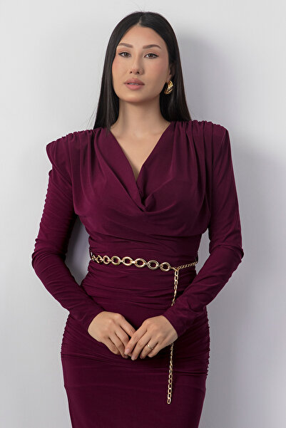 PULLIMM Degaje Collar Chain Belted Front Gathered Dress Ny3026