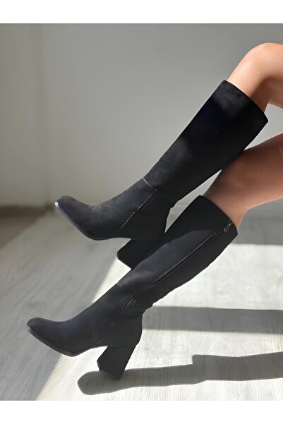 Favi Ayakkabı Μαύρες σουέτ γυναικείες μπότες με χοντρό τακούνι