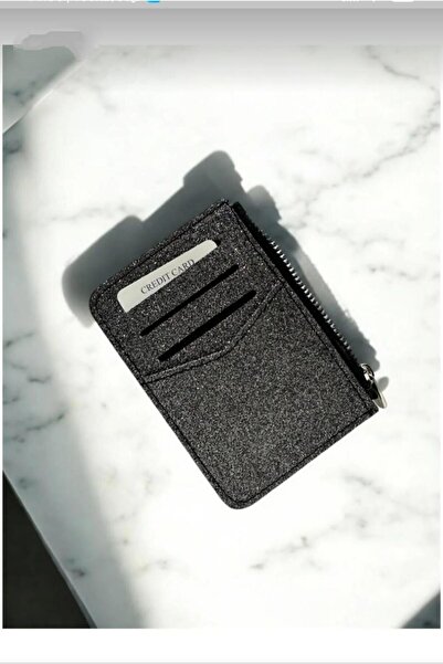 mirakuş Black Shiny Glitter Zippered Card Holder Wallet