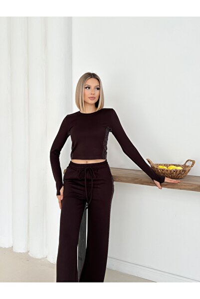 LE CARAMBOLE Women's Coffee Color Modal Top and Bottom Set with Finger Insertion and Side Stone Detail