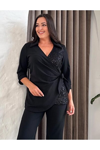 Butik Nilyam Women's Plus Size Double Breasted Collar Long Sleeve One Direction Sequin Detailed Blouse 25008 Black